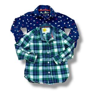 Set of 2 Mini Boden Boys Size 4Y Navy Blue Stars + Green Plaid Button Shirts
